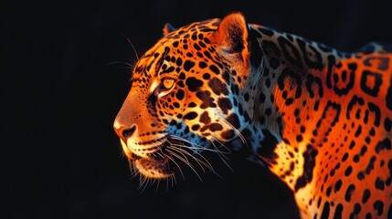 Obraz premium A tight shot of a leopard's face against a black backdrop, its orange and black spotted fur distinctly visible