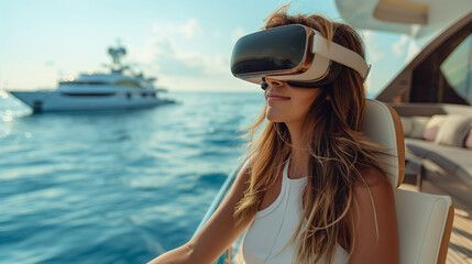 woman at vacantion relaxing at yacht , in opean sea, using virtual reality googles 
