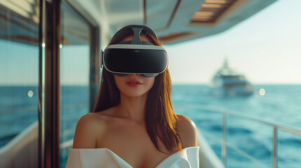woman at vacantion relaxing at yacht , in opean sea, using virtual reality googles  - obrazy, fototapety, plakaty