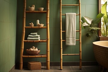 Obraz na płótnie Canvas Bamboo Ladder Towel Racks in Sage Green Tropical Monsoon Bathroom Design