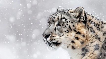 Fototapeta premium A tight shot of a snow leopard's face, adorned with snowflakes atop its head