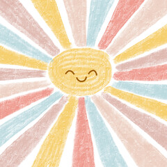 sun with happy face on grunge background. hand drawn illustration.