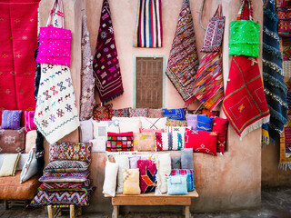 Marrakesh, Morocco. Colorful carpets and pillows found at souk market.
