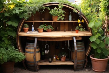 Tuscan Herbalist Terrace Gardens: DIY Potting Bench with Upcycled Wine Barrel Sinks