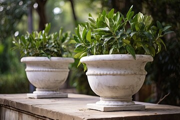 Potted Bay Laurels and Aged Marble Fountain: Tuscan Herbalist Terrace Gardens - obrazy, fototapety, plakaty