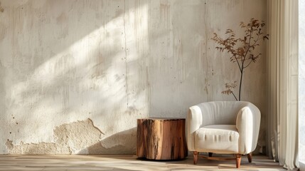 A white chair sits in front of a wall with a tree on it. The room is empty and has a minimalist feel