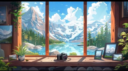 A charming mountain lake view greets you from the chalet window in this delightful 2d cartoon illustration The scene features a camera perched on the windowsill scenic photos adorning the w - obrazy, fototapety, plakaty