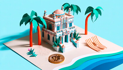Quirky paper art of a mansion with palm trees and Bitcoin on a beach, illustrating luxury real estate and cryptocurrency investment.
