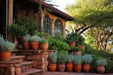 Fototapeta na wymiar Tuscan Herbalist Terrace: Terracotta Pots, Climbing Rosemary, Olive Tree Centerpieces