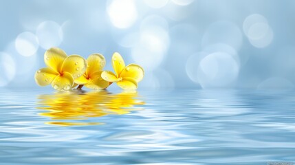 Fototapeta na wymiar A collection of yellow blooms bobbing atop a water body, beneath a vivid blue sky