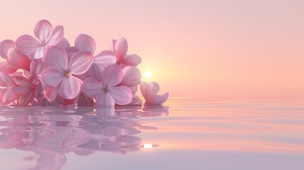   A scene of numerous pink blooms bobbing atop a serene body of water Sun sets in the distant horizon, casting an amber glow