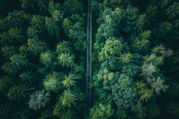 Drone captures eco-friendly transport on forest highway, with hydrogen truck and electric car in motion.. Beautiful simple AI generated image in 4K, unique.