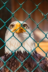 Haliaeetus leucocephalus, bald eagle, sitting behind a chain-link fence on a sunny spring day