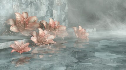   A cluster of pink blossoms rests atop a water basin, abutting a stony wall Steam escapes from it - obrazy, fototapety, plakaty