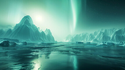 Huge pieces of Antarctic ice are melting in the water. Aurora shinindg landscape background - obrazy, fototapety, plakaty
