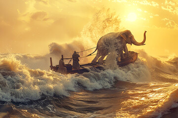 Elephant sail on a ship across an ocean. Surreal artwork.
