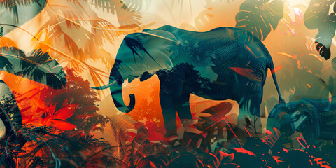 Wildlife concept. Exotic fantasy collage banner. Illustration of jungle plants and elephant