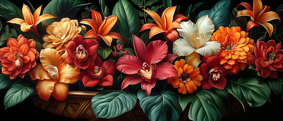 a painting of a basket of flowers with leaves