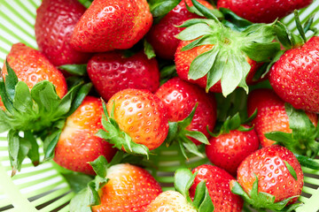Ripe bright strawberries on a green background
