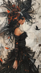 Naklejka premium A digital painting of gothic woman in black lace with feather clothing, dark elegance, digital art with swirling pattern.