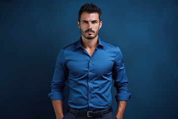 young indian man standing on blue background