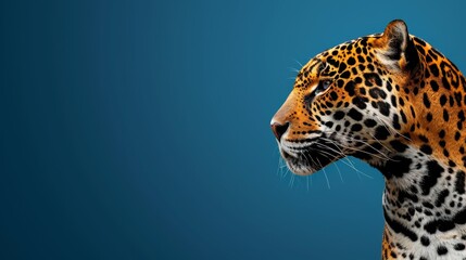   A tight shot of a leopard's head against a blue backdrop, displaying just the animal's head - obrazy, fototapety, plakaty
