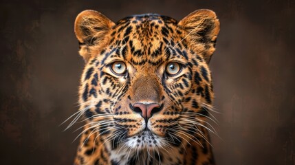   A tight shot of a leopard's face against a brown backdrop, the creature's visage slightly out-of-focus