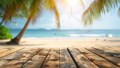 A wooden table on a tropical beach with palm trees and the ocean in the background.