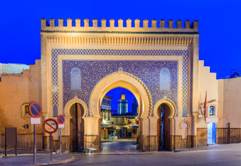 Fez or Fes, Morocco. Detail of Bab Bou Jeloud gate (or Blue Gate) - obrazy, fototapety, plakaty