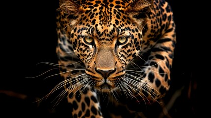   A tight shot of a leopard's face against a black backdrop, its visage slightly blurred