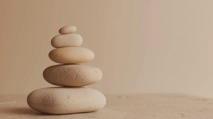 A stack of smooth, round stones stacked on top of each other against a beige background.