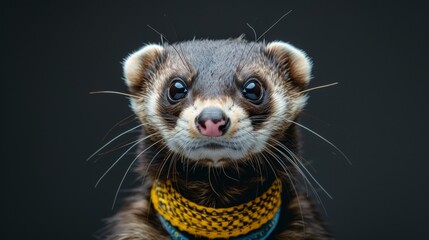   A tight shot of a small pet wearing a yellow-blue collar against a black backdrop