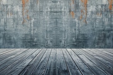 A wooden floor and a concrete wall with rust stains.
