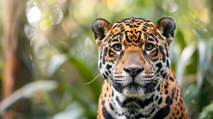 Fototapeta premium A tight shot of a leopard's face against a backdrop of green foliage and an indistinct background
