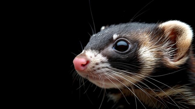   A ferret's face in tight focus against black backdrop, sporting a red dot on its nose ..Or, for a more concise version