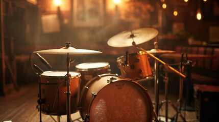 Vintage drum set in a jazz club setting
