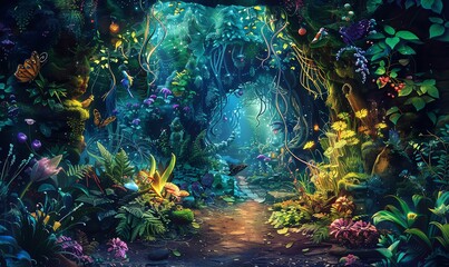 Fototapeta na wymiar Bring to life the enchantment of a mystical garden by illustrating a frontal view of uncommon treasures like magical plants, whimsical creatures, and hidden pathways in vivid watercolor