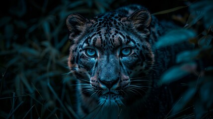   A tight shot of a leopard's face against a softly blurred backdrop of green grass, its piercing blue eyes in sharp focus