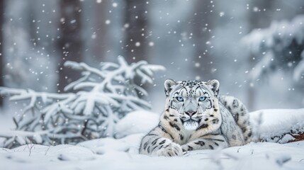   A snow leopard reclines in the snow before a forest of snow-laden trees, each adorned with falling snowflakes