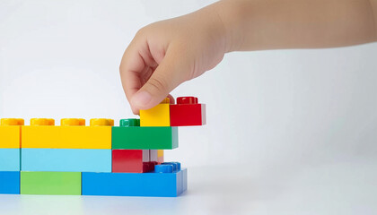 Fototapeta premium Kid hand building up a wall by stacking up the colorful wall block brick toy for banner, children sale promotion, flyer, online shop, poster, web, ads, and social media. Toddler Playing with colorful