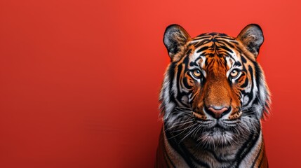   A tight shot of a tiger's face against a red backdrop, overlaid with a black-and-white cat head
