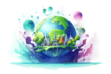 Colorful globe watercolor illustration. Environment save. Earth day. Save a planet. World tour