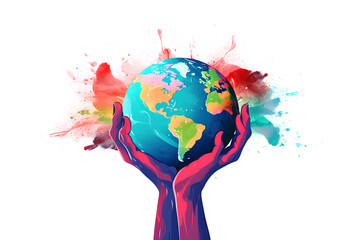 Hands holding Globe. Watercolor illustration of enviroment saving day