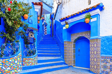Chefchaouen, Morocco. The old walled city, or medina with its traditional houses painted in blue and white.