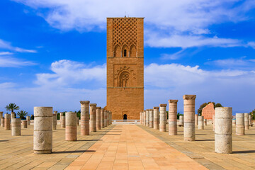 Rabat, Morocco. Hassan Tower a popular tourist attraction and a UNESCO World Heritage Site. - obrazy, fototapety, plakaty
