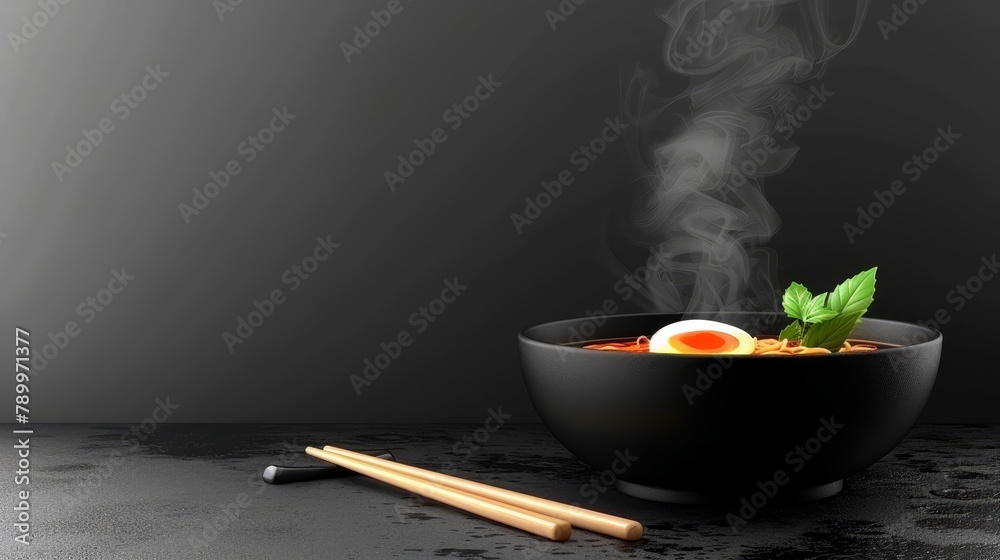 Wall mural   A black bowl holds steaming soup Chopsticks rest beside it A green leaf floats on the surface - Wall murals