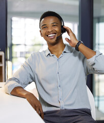 Customer service, call center and happy black man for talking, discussion and chat for help....