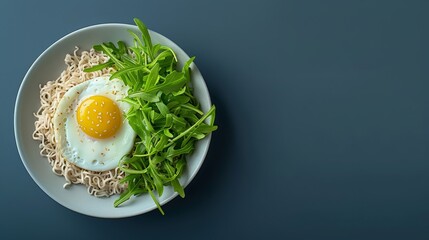   A white plate holds noodles topped with an egg A green garnish of leafy foliage surrounds the dish against a blue background