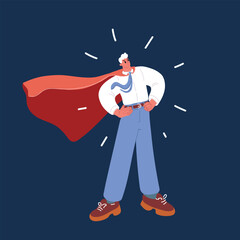 Naklejka premium Cartoon vector illustration of power and people concept happy man in red superhero cape. Super Business man over dark background