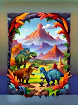 a painting of dinosaurs in a colorful landscape